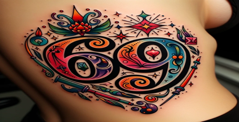 Tatuaje colorido del número 69 con símbolos zodiacales y culturales