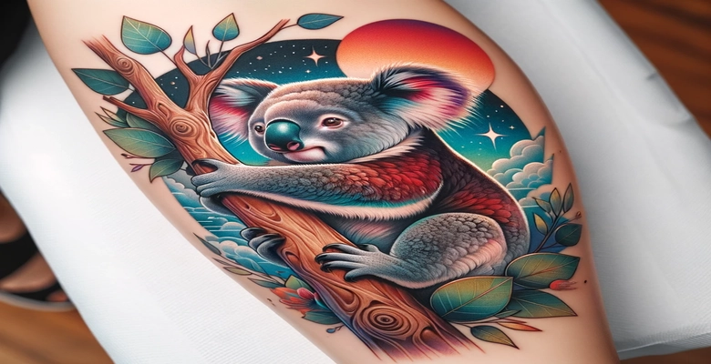 Tatuaje detallado de un koala en un árbol de eucalipto