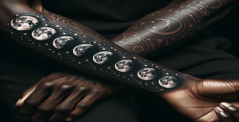 Tatuaje detallado de siete fases lunares en el brazo de una persona africana