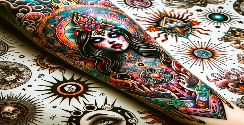 Tatuaje detallado de Lilith con símbolos significativos