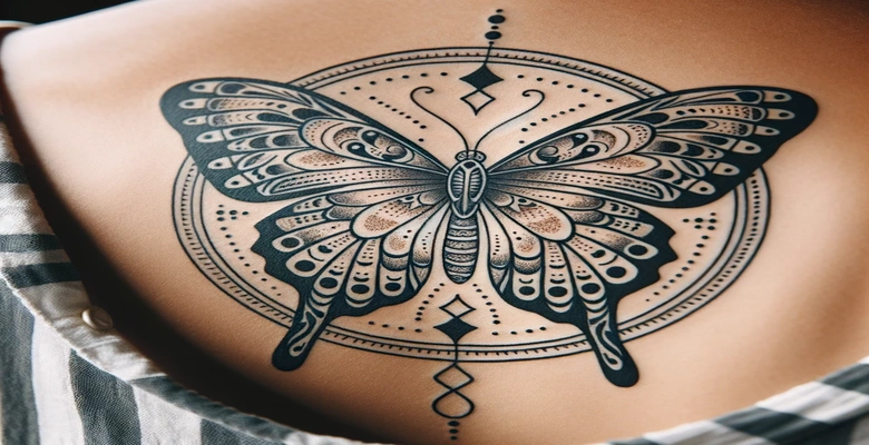 Espalda baja con tatuaje de mariposa detallada.